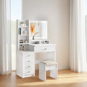 Vanity with Adjustable LED Lighting, Modern White Vanity Table with Stool, 5 Drawers & 6 Open Compartments Easy Assembly, European Style for Bedroom or Bathroom, Vanity Desk, Bedroom Storage Solution,   3 Modes Touch Dimmable Vanity Mirror