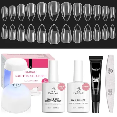 Beetle Thin Extension Nail Tips Kit with Nail Prep Dehydrator and Primer Almond/Coffin/Square Half Matte Acrylic Nail False Nail press ons Nail  DIY Nails Art Gift for woman gel x nails salon nails at home Mother's Day gift Spring Nail Taste of Spring