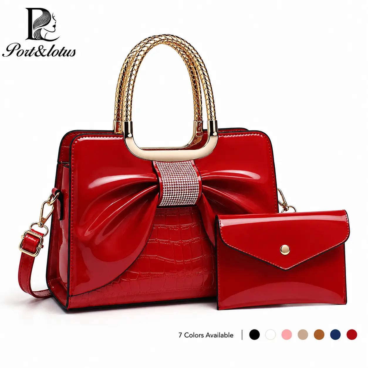Port&Lotus Medium Capacity Elegant Handbags Set for Women, Purses for Women, Trending Purses for 2026, Cute Shoulder Bags, Crossbody Bags, Everyday Bag with Oversized Rhinestone-Embellished Bow & Braided Gold-Tone Handle
