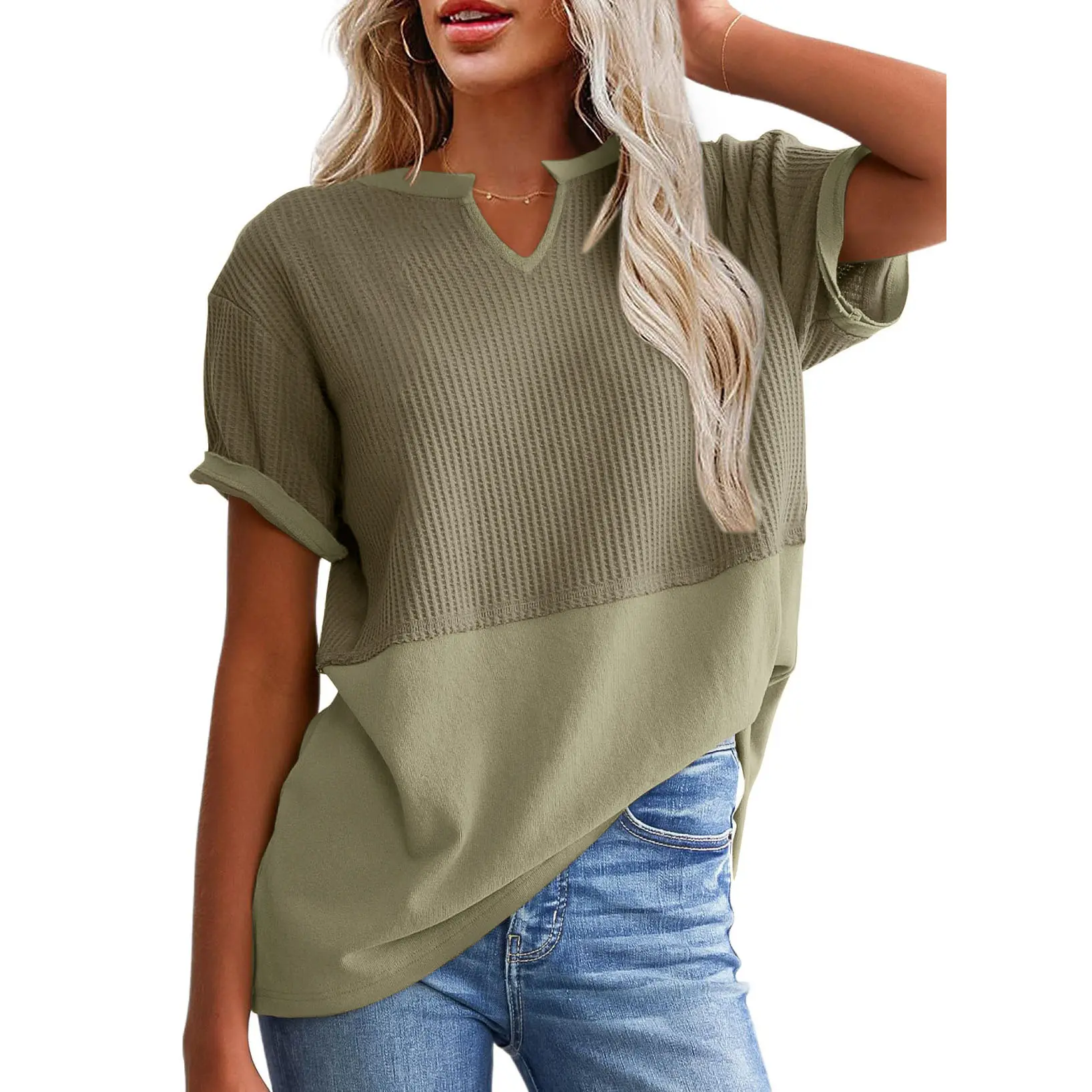 Chouyatou Women's Essential Basic Waffle Knit V-Neck Short-Sleeve Smooth Solid Color-Blocked Loose Knitwear T-Shirt, Shortsleeve, Stretchy, Breathable, Feminine, Beach, Comfortable, Soft, Everyday, Fabric, T Shirts, Piece, Casual, Loose-Fit, Leggings, Cof