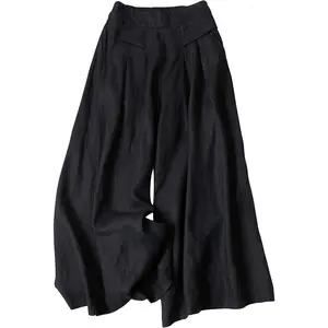 Women’s Linen Culotte Cropped Wide-Leg Pants, Elastic Waist, Casual Palazzo Trousers with Pockets