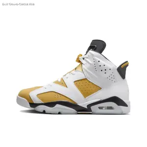 White and Yellow Ochre High-Top Retro Sneakers with Leather Upper, Black Accents and Visible Air Cushion Midsole for Bold Streetwear Style