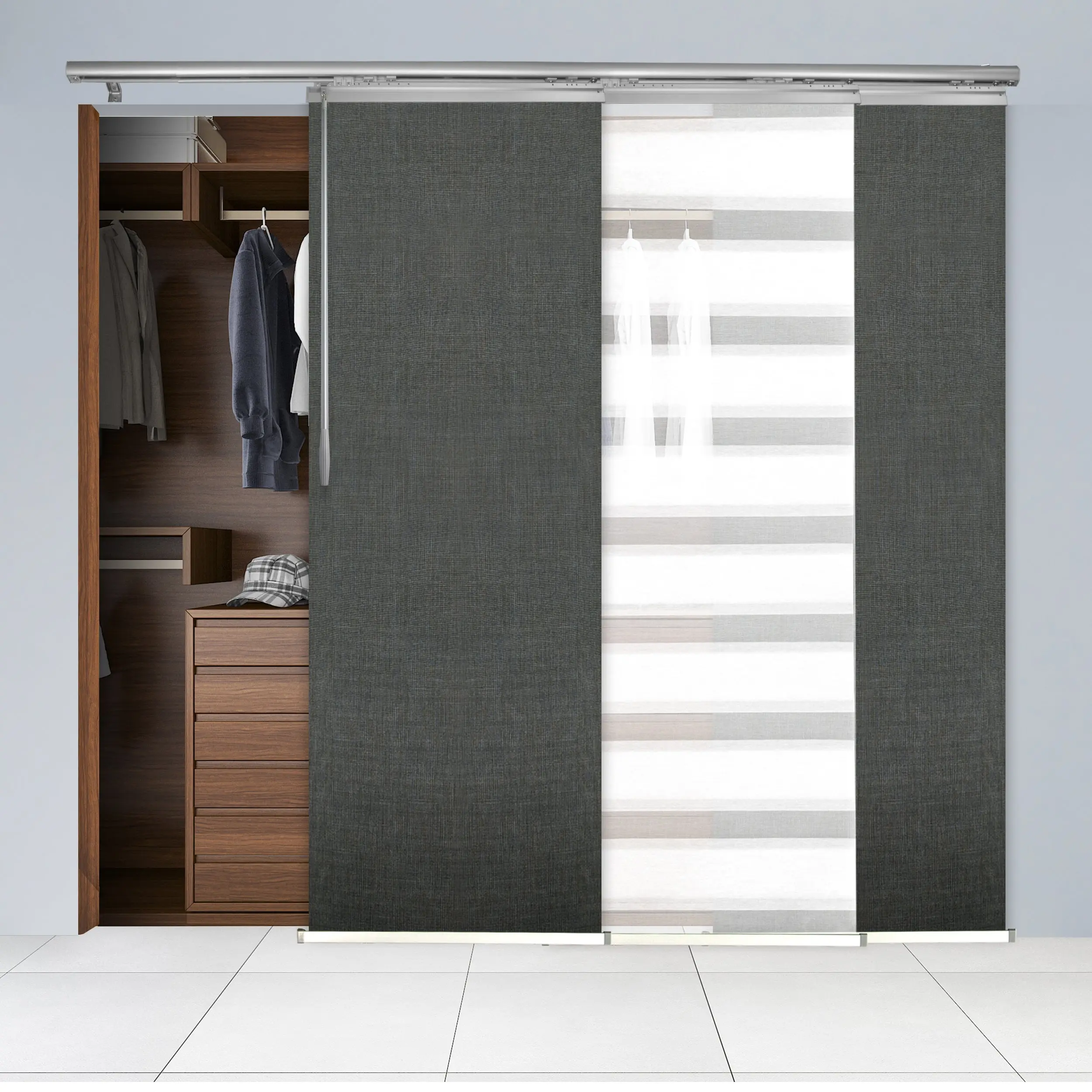 3-Panel Single Rail Panel Track Blind Extendable 36"-66"W x 91.4"H, Panel width 23.5", Macadamia, Smoke