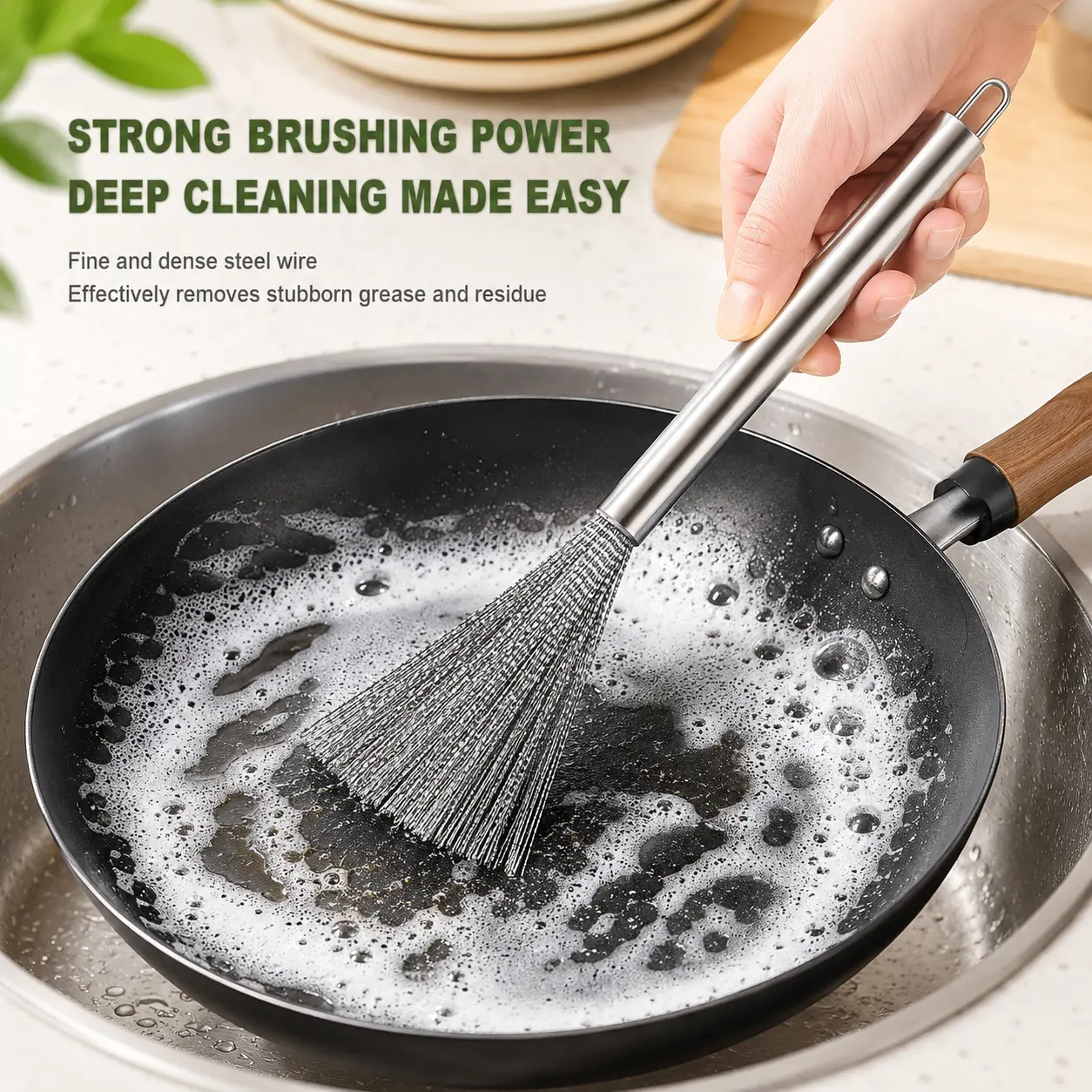 Stainless Steel Metal Dish Scrubber with Handle - 1 Count Fine Wires Brush, Dense Bristles, Comfort Grip, Strong Brushing Power Kitchen Cleaning Tool for Pots, Stoves, Metal Scrubber