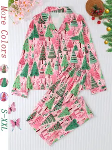 Women's Christmas Tree Print Pajama Set, Button Front Long Sleeve Top & Comfortable Pants, Casual Fitted Sleepwear Loungewear for All Seasons