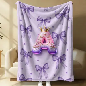 Princess-style Purple Bow Crown Letter Blanket, Preppy Blanket, Lnitial A-Z Princess Blanket, Flannel Soft Cute Bow Lightweight Aesthetic Room Decor Blanket, Outdoor Camping Blanket, Student Nap Blanket, Perfect Gift for Girls