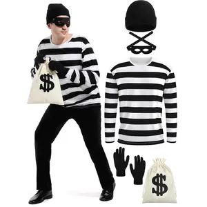 FancyFun 5 Pieces Halloween Costume Set Mens Robber Costume Halloween Cosplay Costumes Burglar Accessories Striped Shirt for Adult S