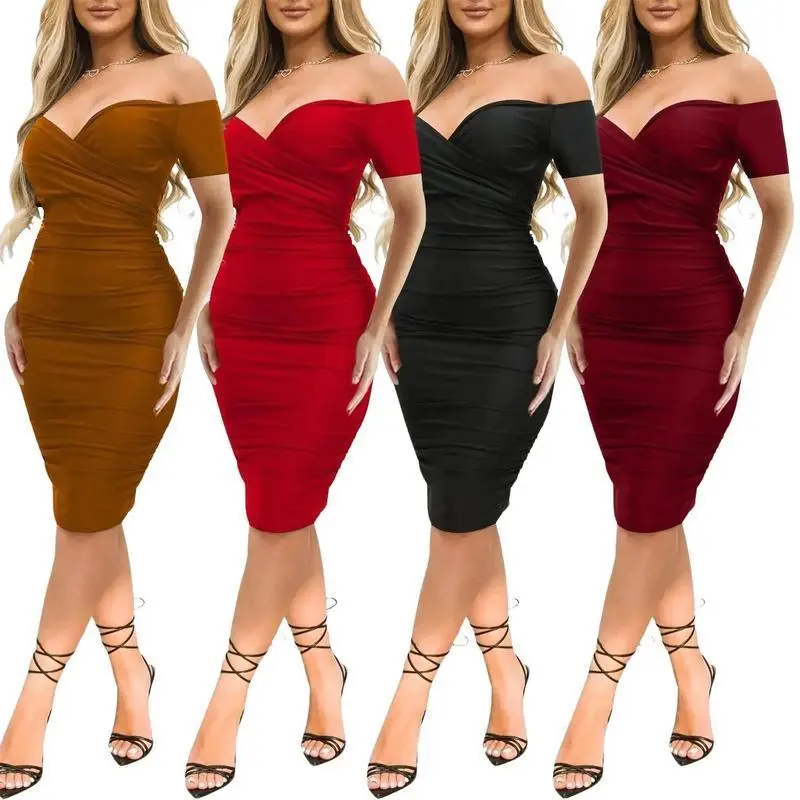 Women's Nightclub Off-shoulder Short Sleeve Dress Sexy Off The Shoulder Midi Dress Ruched Bodycon Dresses