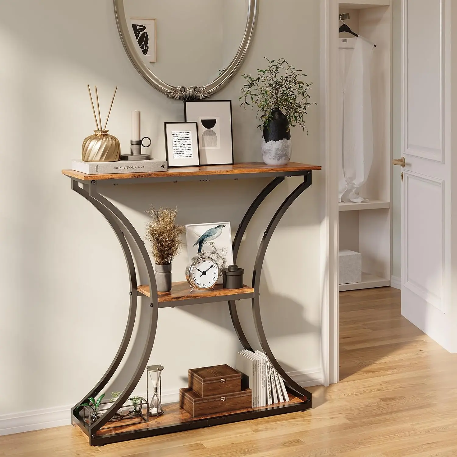 Industrial 3-Tier Narrow Console Table with Storage Shelves, Metal Base & Wooden Top - 29.5" Height Sofa Table for Entryway, Living Room