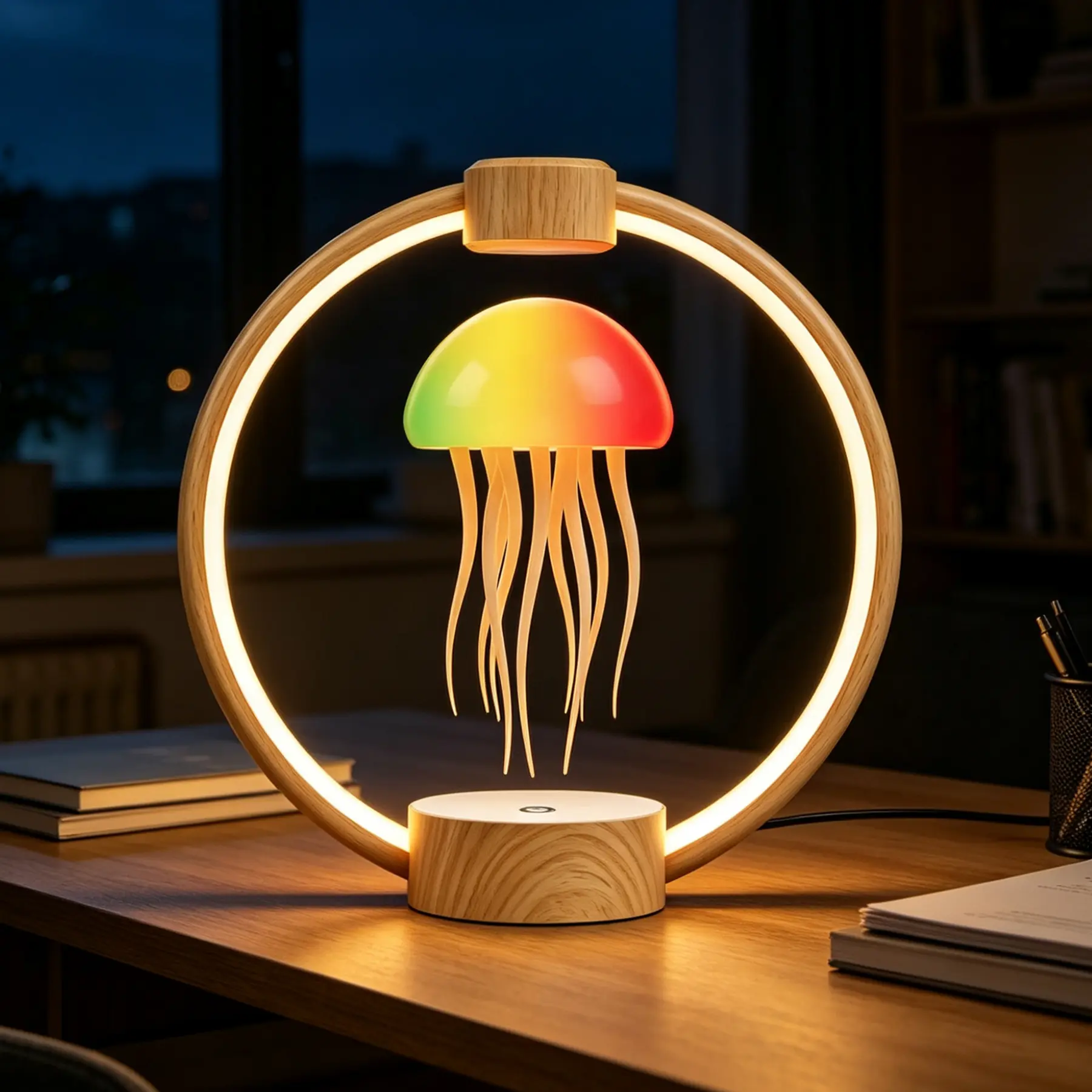 Magnetic Floating Jellyfish Mood Lamp - RGB Full Color Changing Unisex Table Lamp, Stepless Dimming Mood Lighting, Wireless Remote Control, Battery/AC Power Supply, Gaming Room/Home Desk Decoration Gift for Cells Enthusiasts