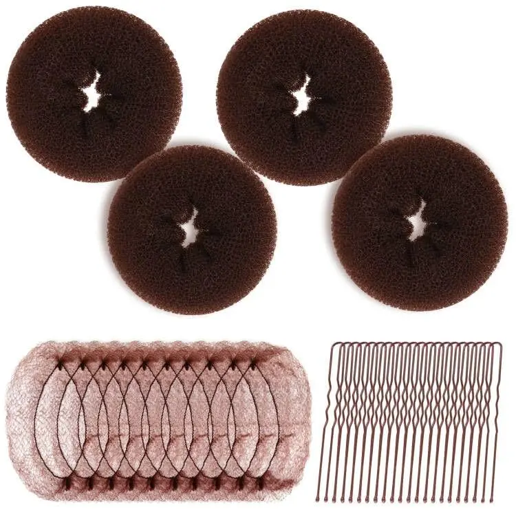 Hair Bun Maker Kit - 4 count Medium Donut Shapers, 10 count Invisible Nets, 10 count Bobby Pins, Crown Shaper Set