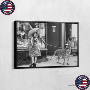 Leopard on Leash Print, Woman and Leopard Canvas, Cheetah Print, Leopard Wall Art, Black and White, Fashion Print, Classic Animal Photo