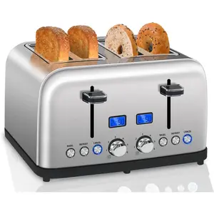 Toaster 4 Slice, LCD Display, 6 Shade Settings, 1.5'' Wide Slots, Digital Stainless Toaster for Bagel, Defrost, Reheat, Dual Control, Removable Crumb Tray, 1500W,  Metallic