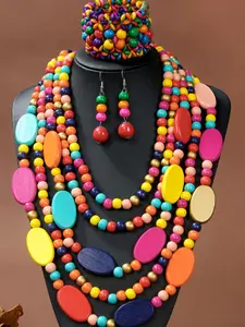 Boho Style Wooden Beaded Necklace Set for Women, Long Layered Chain Jewelry, Modern Versatile Accessories, Casual All-Season Accessory, Perfect for Carnival Festivals