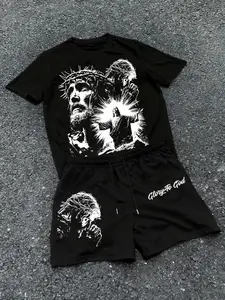 Men's Fashion Casual Two-Piece Set, Jesus Prayer Graphic Print Round Neck Short Sleeve T-Shirt and Drawstring Shorts, Summer Sports Wear