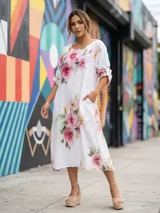 ESYAZO Italian Linen Romantic Floral Maxi – Relaxed One-Size Caftan Dress with Pockets