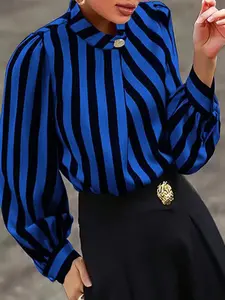 Women's Fashionable Striped Button-Up Collar Long Sleeve Fitted Shirt, Early Spring New Arrival, Commuter Career Wear, Stylish Ladies' Blouse, Collared Blouse