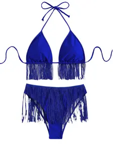 Cobalt blue tassel lace-up sexy split bikini swimsuit set for the beach