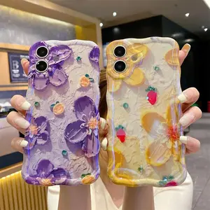 Laser Colorful Retro Oil Painting Flower Pattern For iPhone 16 Pro Max/ 15/ 14/ 13 /12 Cute Curly Wave Frame Exquisite Phone Case for Girls Women, Shockproof TPU Protective Phone Cover-hlk01