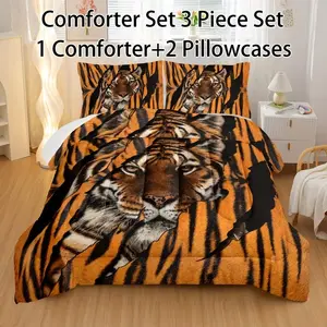 3-Piece Bedding Set, Soft Tiger Fur Quilted Comforter, Lightweight All-Season Animal Bedding, Includes 1 Quilt and 2 Pillowcases