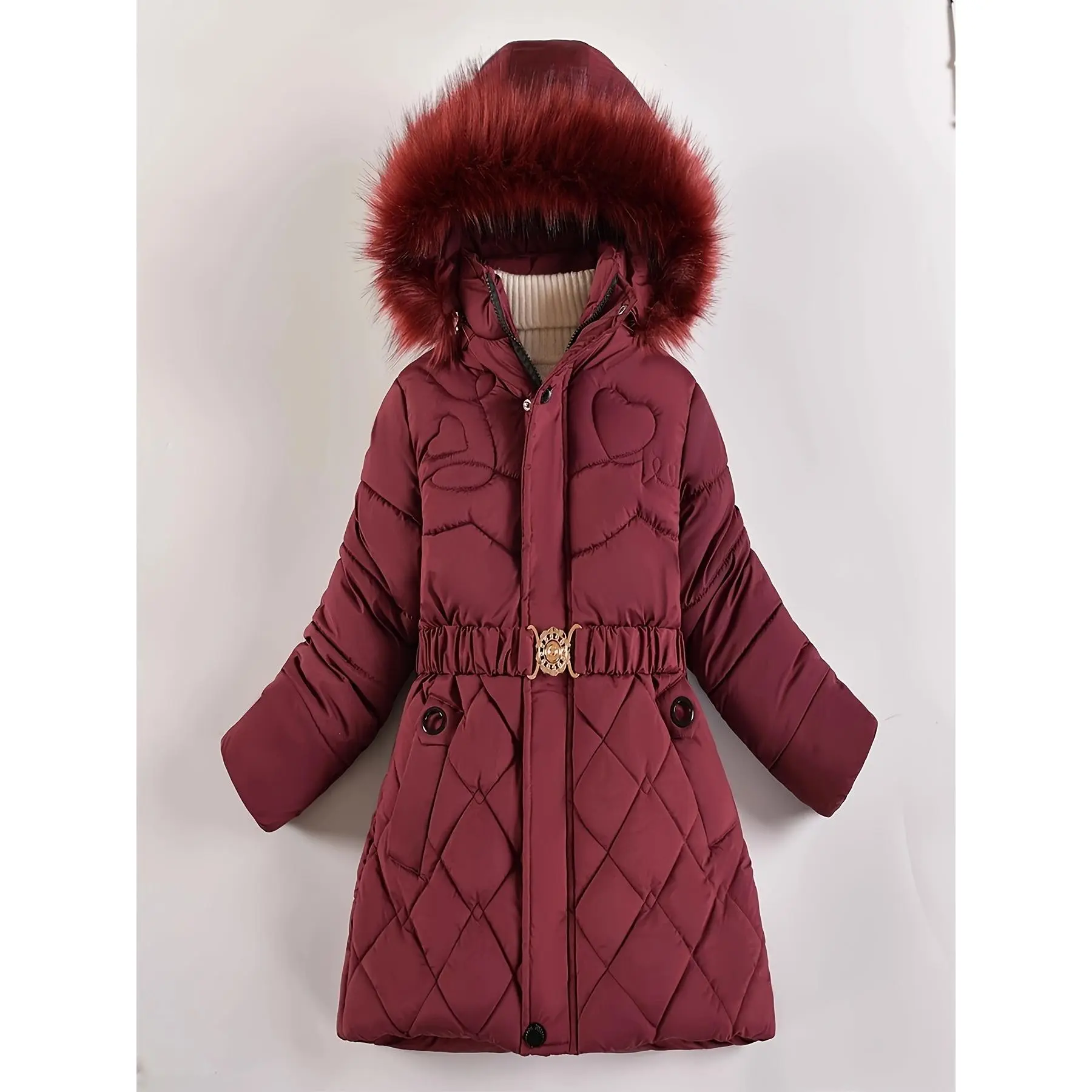 Girls' Basic Long-Sleeve Polyester-Filled Belted Zip Hooded Puffer Parka - Woven Casual Winter Outerwear, Machine Wash, Do Not Dry Clean, for 5-6y/11-12y