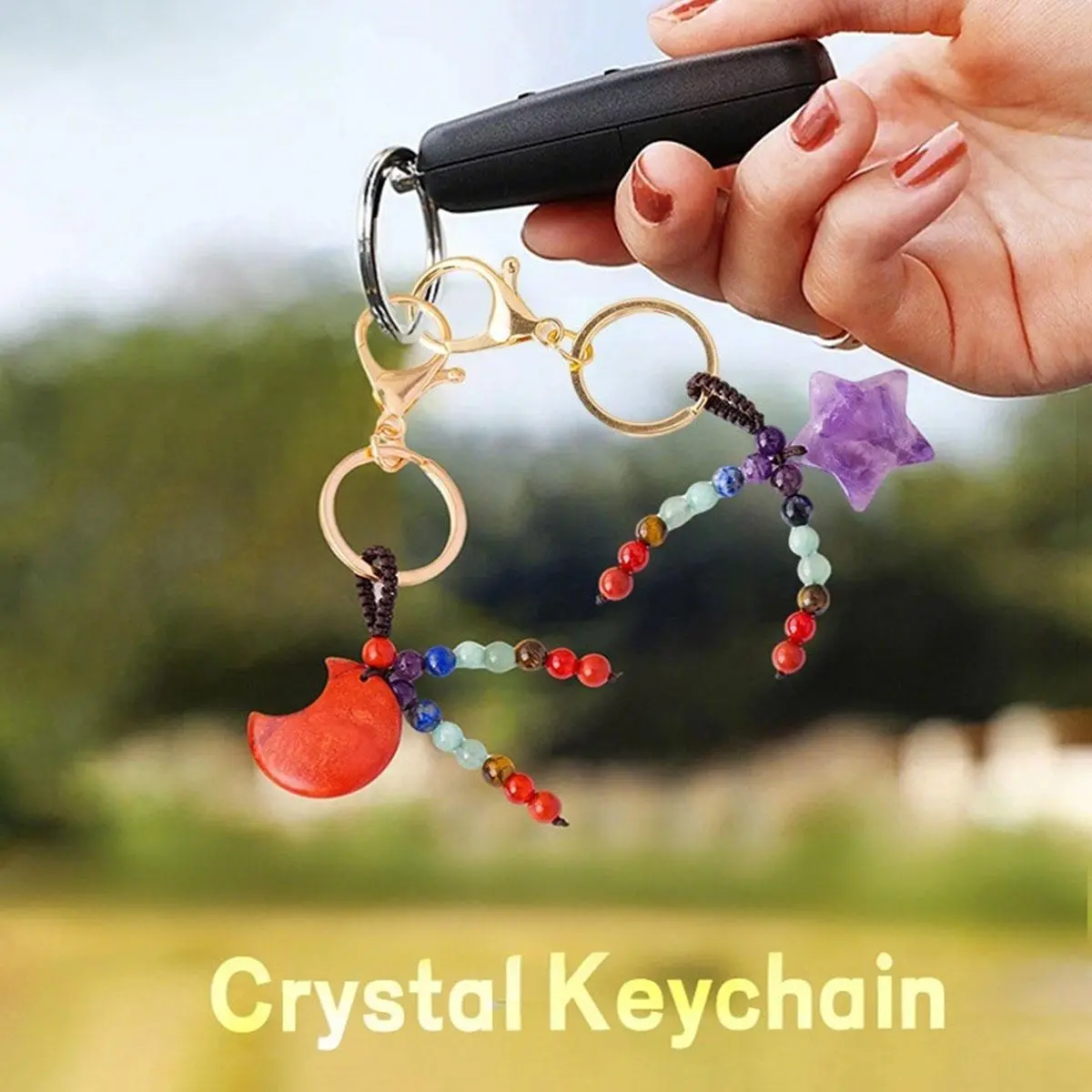 1PC Natural Gemstone Keychains with Clear Quartz and Amethyst, Unique Star Moon Key Chain for DIY Car Key Rings and Chains