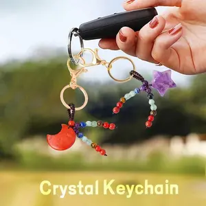 1PC Natural Gemstone Keychains with Clear Quartz and Amethyst, Unique Star Moon Key Chain for DIY Car Key Rings and Chains