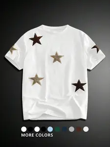 Unisex Street Style Streetwear Couple Star Print Towel Embroidery Short Sleeve T-Shirt, Casual Daily Wear, Anniversary Gift, star Pattern