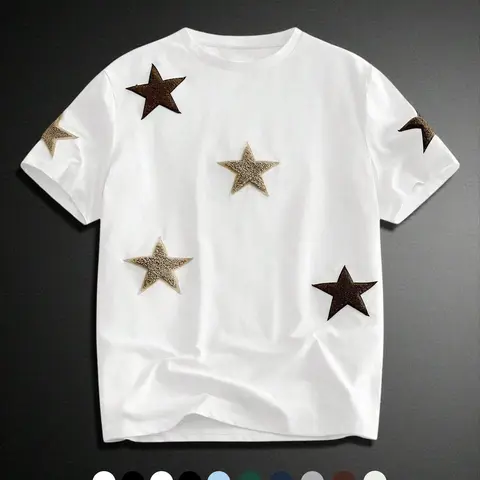 Unisex Street Style Aesthetic Fashion Streetwear Couple Star Print Towel Embroidery Short Sleeve Round Neck T-Shirt, Casual Daily Wear, Anniversary Gift, star Pattern, Tops