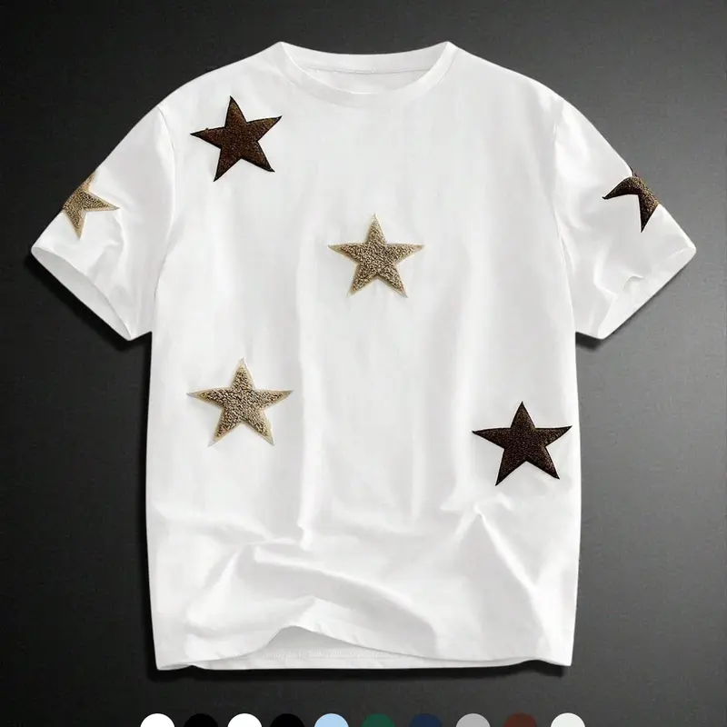 Unisex Street Style Aesthetic Fashion Streetwear Couple Star Print Towel Embroidery Short Sleeve Round Neck T-Shirt, Casual Daily Wear, Anniversary Gift, star Pattern, Tops