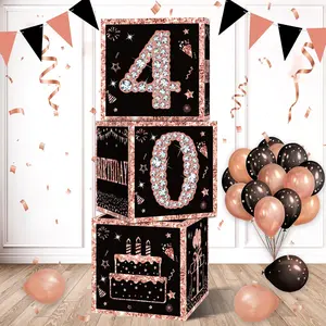 3-Piece 40th Birthday Party Supplies Set,40th Birthday Decorations,3pcs Rose Gold 40th Birthday Cardboard Decor Boxes for Women, Happy 40th Bday Balloons Box Party Supplies