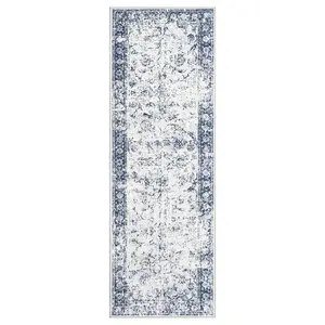 Vintage Style 2x6 ft Polyester Blue Rectangular Runner Rug - Distressed Floral Print, Machine Washable, Low Pile, Stain Proof, for High Traffic Areas, Bathroom Use