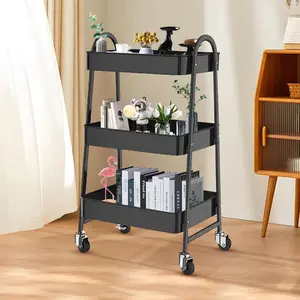Tier Metal Rolling Cart with Handle and Lockable Wheels, Multifunctional Utility Cart on Wheels, Heavy Duty Storage Cart with Handle (Black)