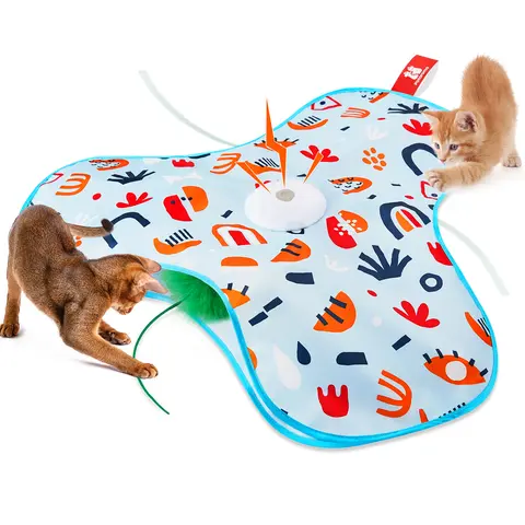 Potaroma Interactive Hide and Seek Cat Toy - Replaceable Feather, Motion Sensor Wand, Self-Play Mode, Squeak Mouse Lure, Rechargeable Automatic Toy, Durable Safe Design, Universal Indoor Exercise Kicker for All Breeds, Floral Cover