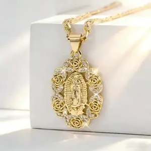 Virgin Mary Necklace, Rose Cuban Link Chain with Cubic Zirconia, Classic Religious Catholic Jewelry, Gift for Women