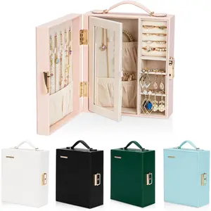 Travel Jewelry Case, Essentials for vacation, Portable Bangle Box with Mirror, PU Leather Small Watch Organizer for Rings, Earrings, Necklaces, Bracelets (Light Pink)