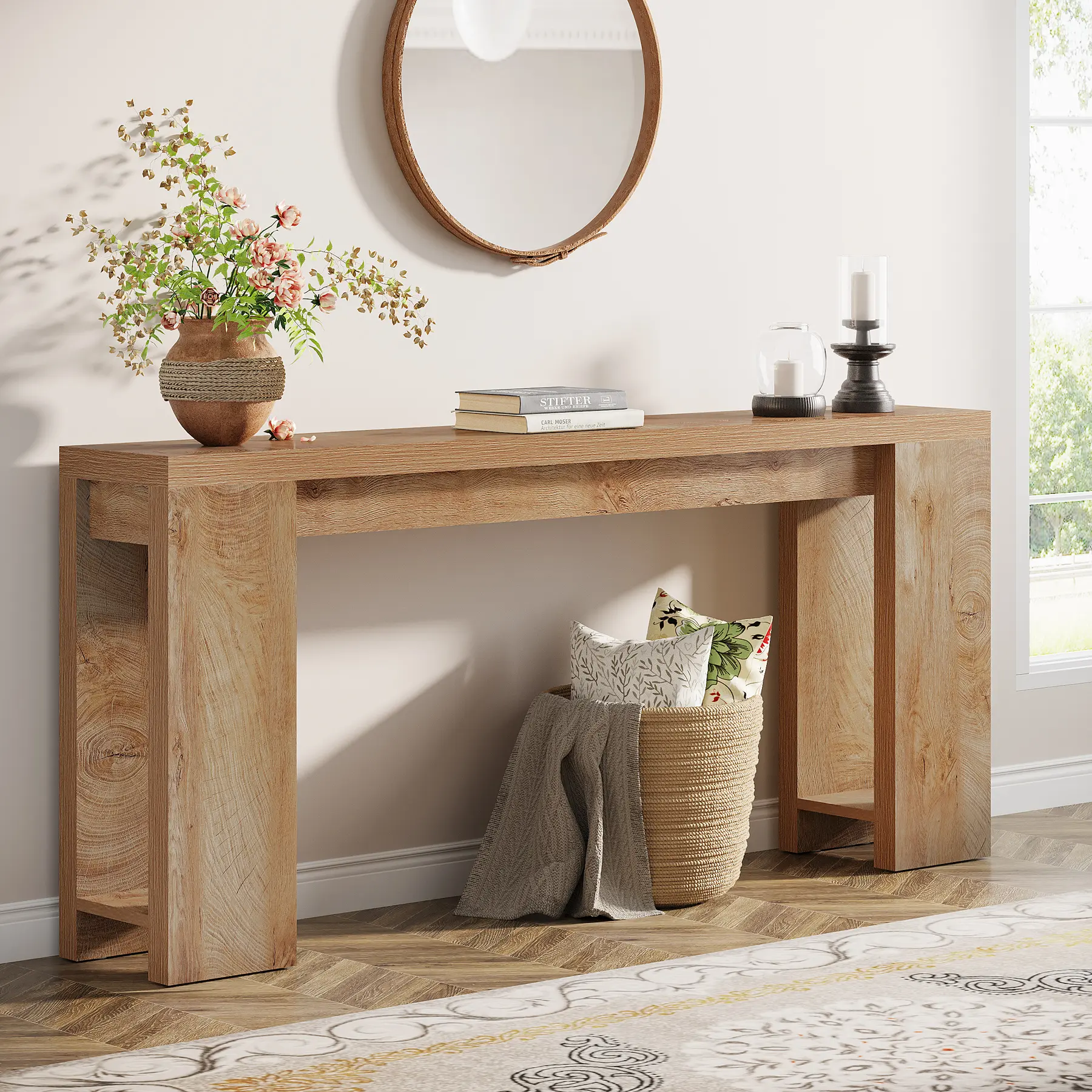 Tribewood 70.9-Inch Extra Long Console Table, Farmhouse Wood Sofa Table Behind Couch, Narrow Entryway Accent Table for Living Room, Hallway, Entrance, Foyer, Light Oak Brown