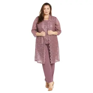 Metallic Lace Tank Top and Pant Set with Sheer Lace Jacket - Plus