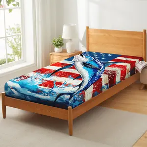 Marlin Swordfish Fitted Sheet Boys American Flag Bed Sheets, Hunting Fishing Bedding Set for Kids Teens Adult Bedroom Marine Life Ocean Animal Fitted Bed Sheets with 1 Pillow Case, (No Top Flat)