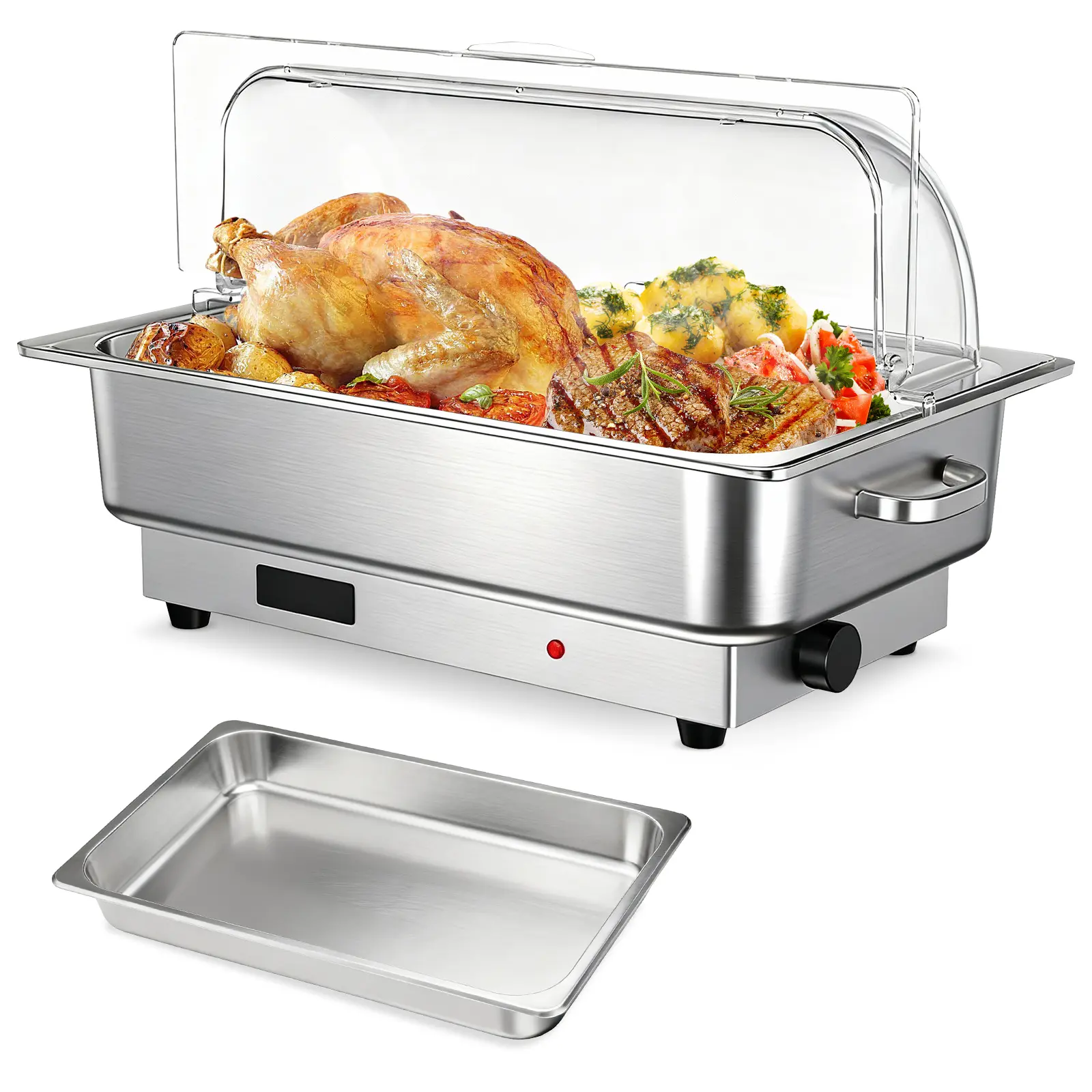 9QT Stainless Steel Electric Chafing Dish Buffet Set - Full Size Food Warmer Server with Roll Top Lid, Adjustable Temperature, Transparent Lid, Stainless Steel Pans - Ideal for Banquets, Weddings