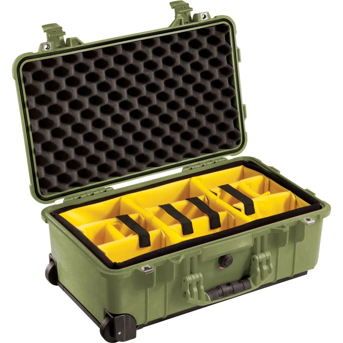 Pelican 1510 Waterproof Carry-on-Case with Yellow/Black Divider Set and Wheels - Olive Drab Green