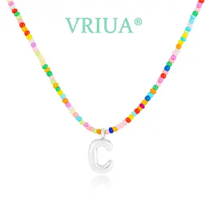 VRIUA Colorful Bead Necklace for Women Handcrafted Bubble Initial Letter Necklace Adjustable Chain Dainty Cute  Necklace   Daily Wear  Personalized Jewelry Boho Style