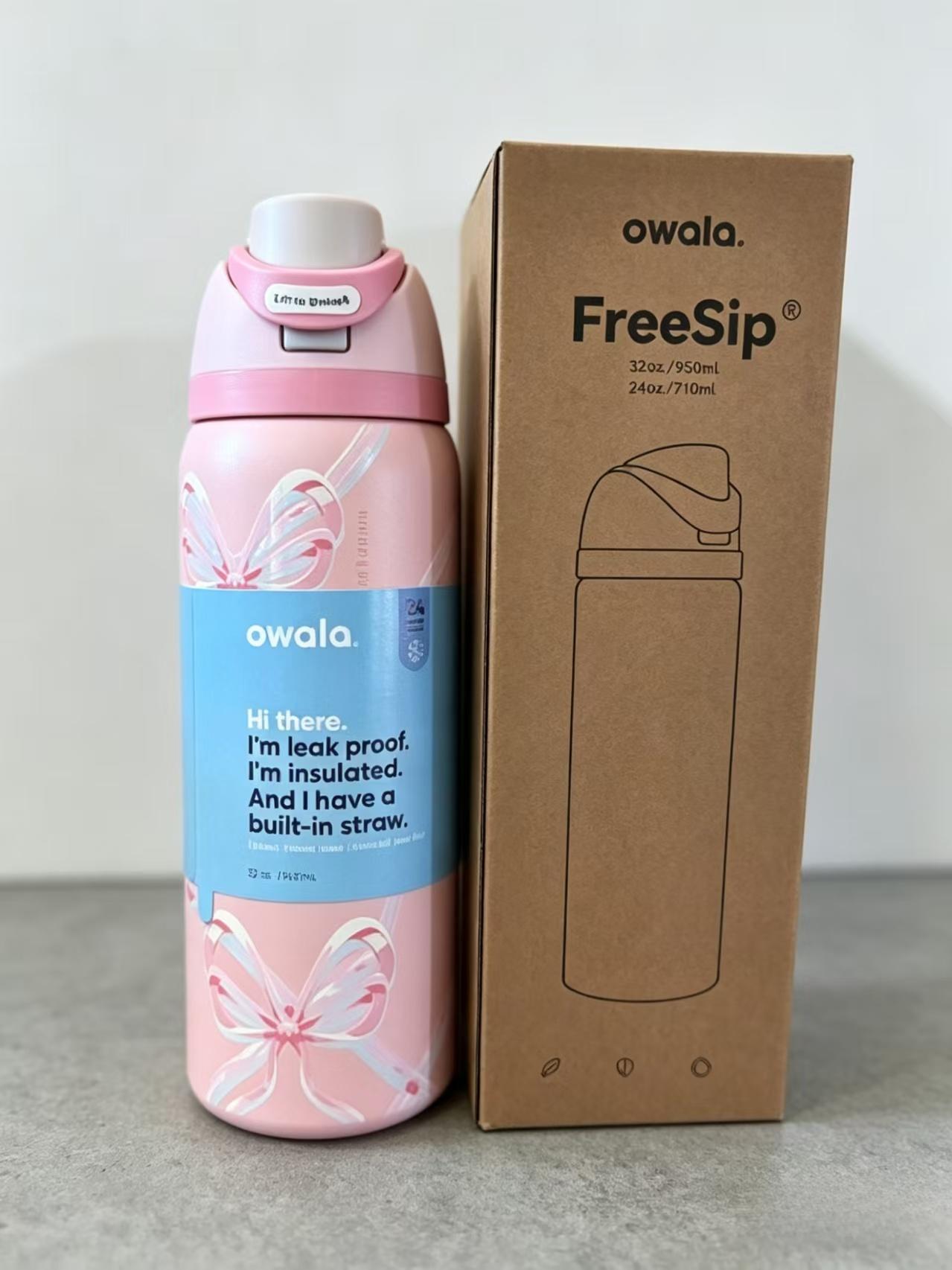 Owala FreeSip 32oz Insulated Water Bottle, Pink Ribbon Bow Print, Double-Walled Stainless Steel, Sweat-Proof, Great for Commute, Travel & Workouts Drinkware Flasks Bottled Tumbler Mug Portable toddler purple poinsettia black cherry can new Glow in Dark