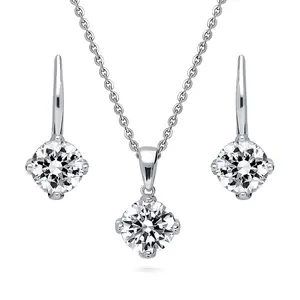 BERRICLE Sterling Silver Solitaire Necklace and Earrings Set for Women, 2 Carat/4 Carat Round Cut Cubic Zirconia CZ