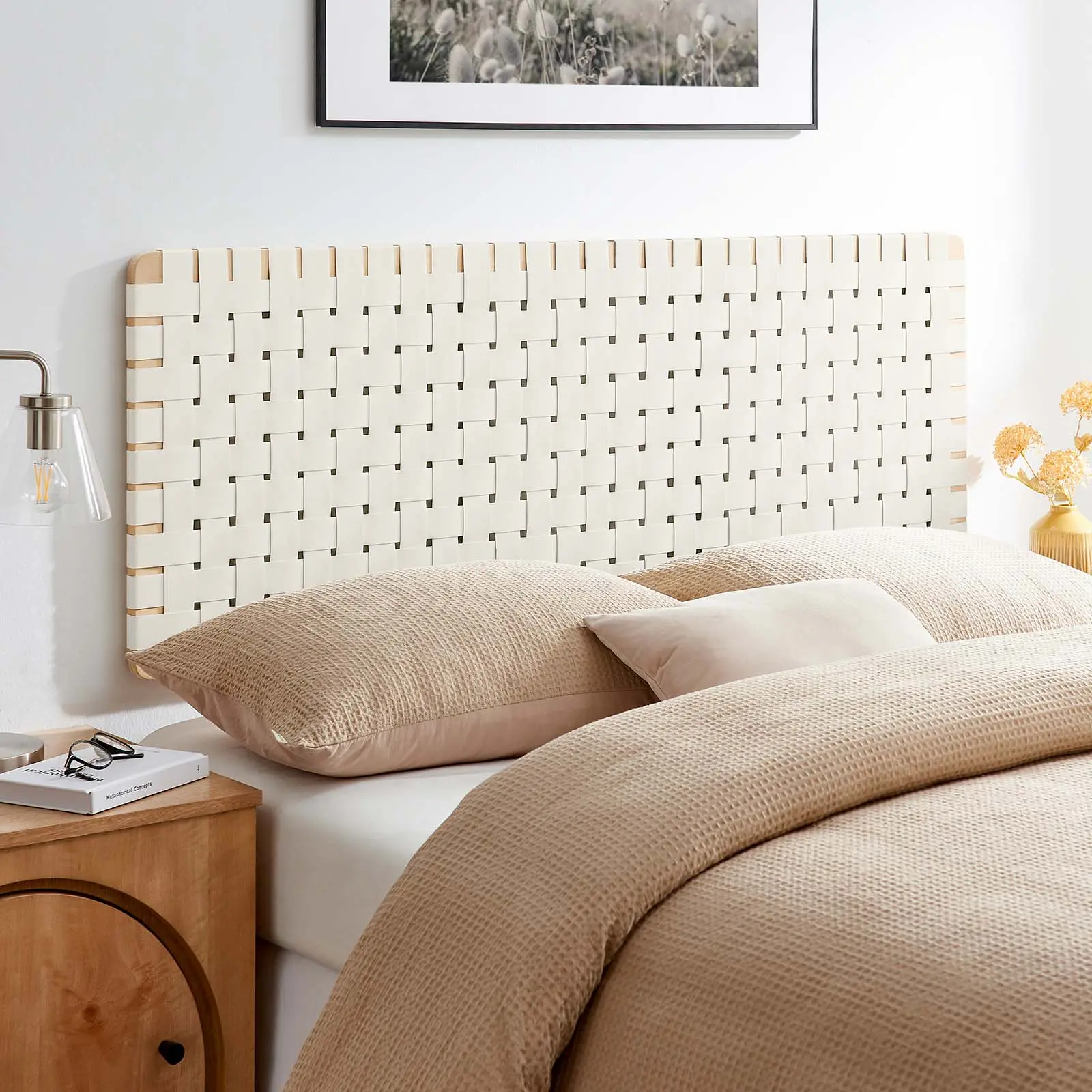 Modway Sparta Weave Wall-Mount Queen Vegan Leather Headboard in Natural Beige