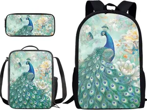 3D Quilling Paper Craft Blue Peacock Chrysanthemum Floral Kids Teens 3-in-1 Backpack Set, Thick Waterproof Polyester Textured Art Elegant Bird Flower Full Print, Ergonomic Shock Absorbing Comfort Fit, School Picnic Birthday Gift Girls Carry Bag Bundle