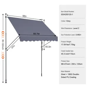 VEVOR 98x 47 Patio Awning Retractable, Awning Sunshade Shelter with Manual Crank Handle, Outdoor Patio Canopy Sunsetter Deck, Adjustable Height from 86 to 122 in, for Patio/Balcony/Yard, Dark Gray