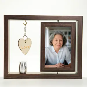 Rotatable Memorial Photo Frame with Mini Urn for Ashes & Heart Pendant - Premium Wood Frame for 6-Inch Photo, Stainless Steel Urn, Includes Spoon
