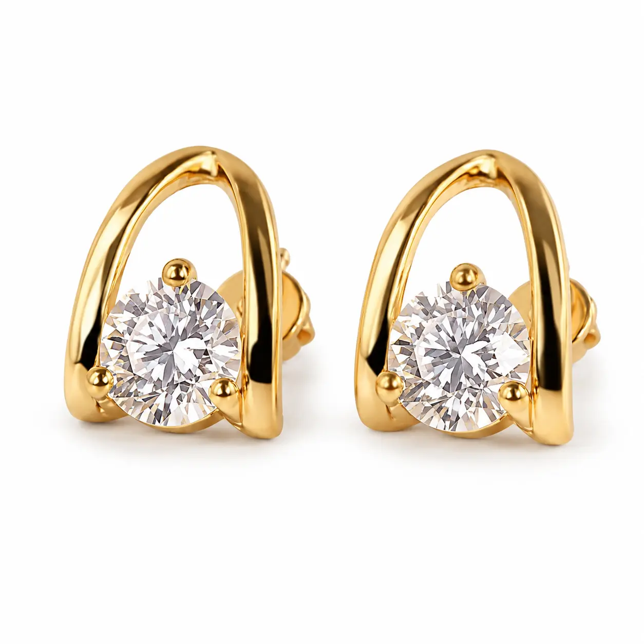 Women's Gold-Tone Cubic Zirconia Sparkling Stud Earrings - Round Cut CZ, Geometric U-Shape Open Arch Frame, Female Wear Fashion Jewelry for Everyday Use & Gifting