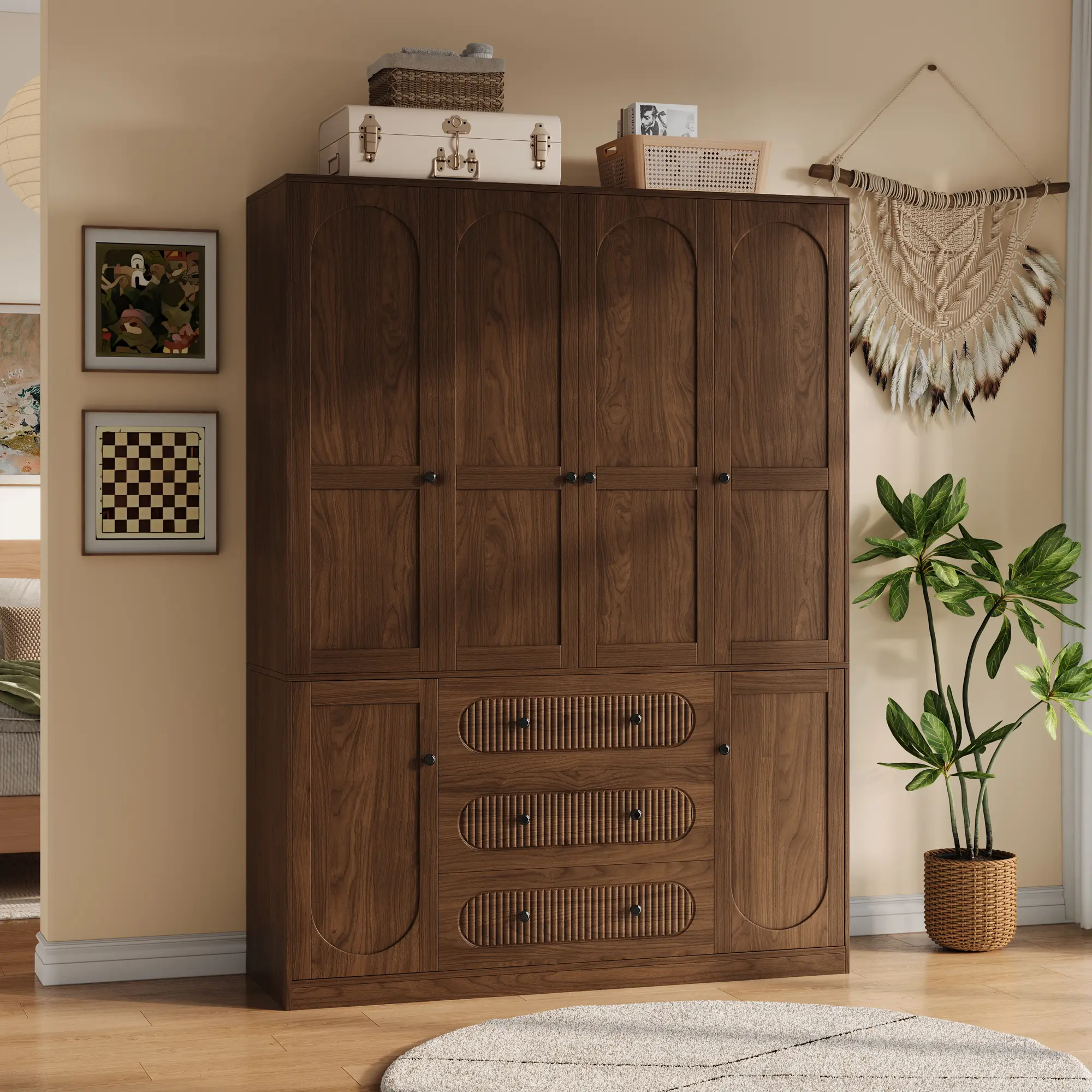 TOKSOM 4-Door Wooden Wardrobe Closet - 72" White & Black High Floor Standing Modern Wooden Armoire with 3 Drawers, 3 Hanging Rod Shelves, Large Capacity for Closet Storage & Organization